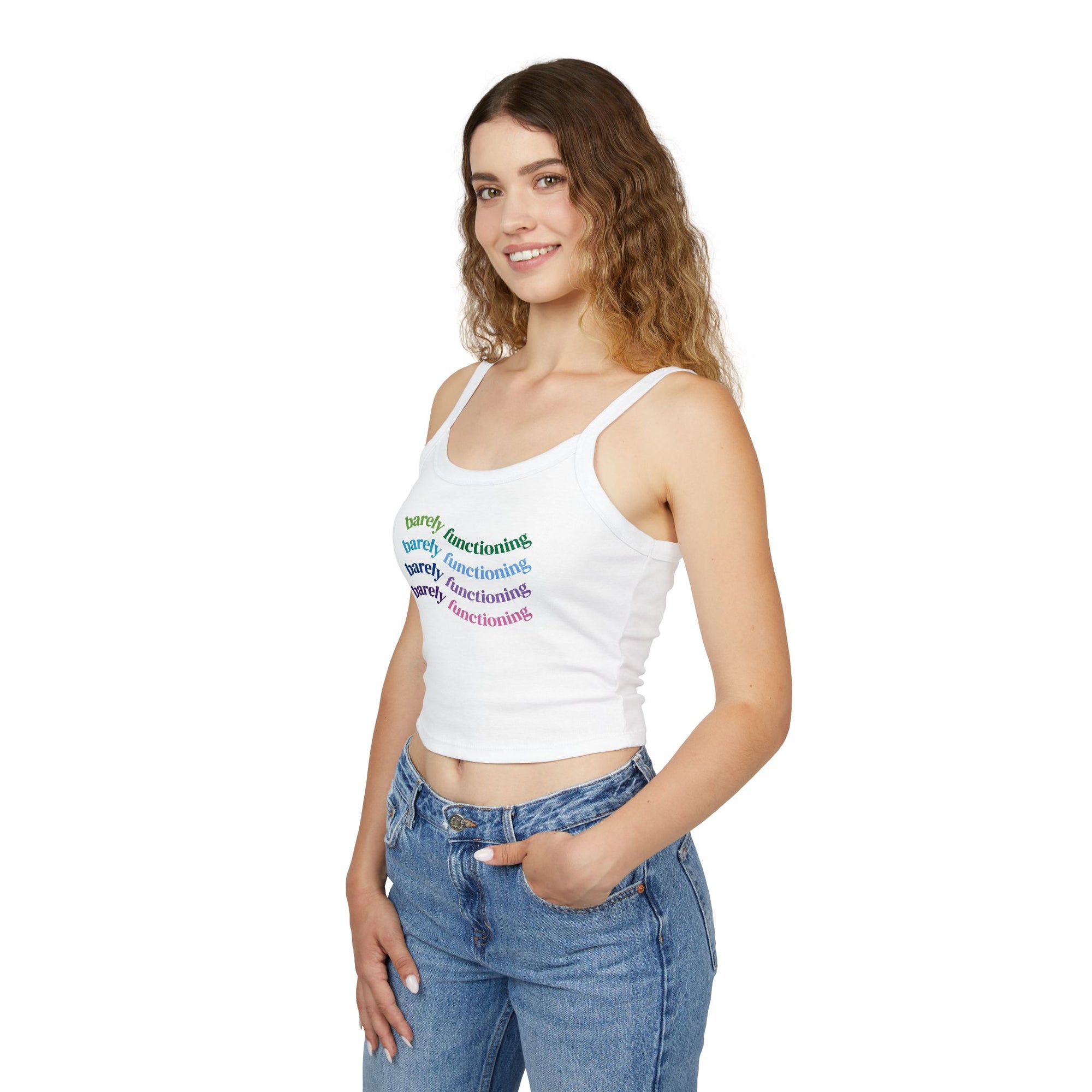Barely Functioning Spaghetti Strap Tank Top - Funny Summer Top, Casual Wear, Gift for Friends, Vacation Style, Relaxed Fit